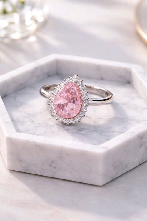 Çelik Gümüş Zirkon Pembe Taşlı Tektaş Yüzük, Ayarlanabilir