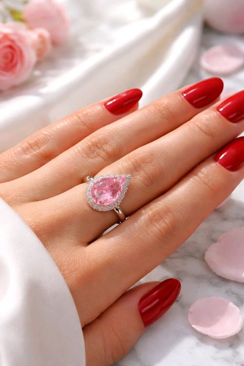 Çelik Gümüş Zirkon Pembe Taşlı Tektaş Yüzük, Ayarlanabilir