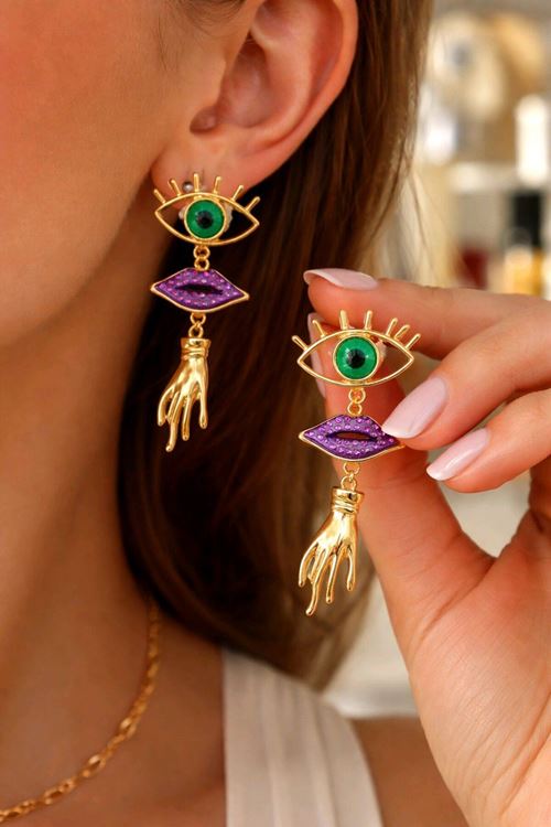 Marka Model, Gold Yeşil Göz Dudak El Küpe