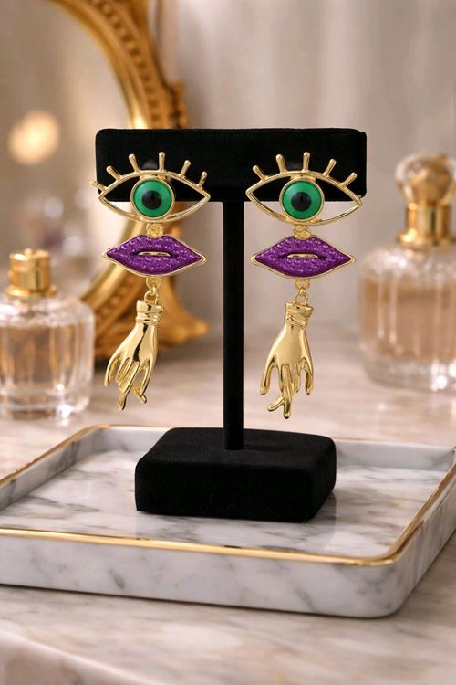 Marka Model, Gold Yeşil Göz Dudak El Küpe