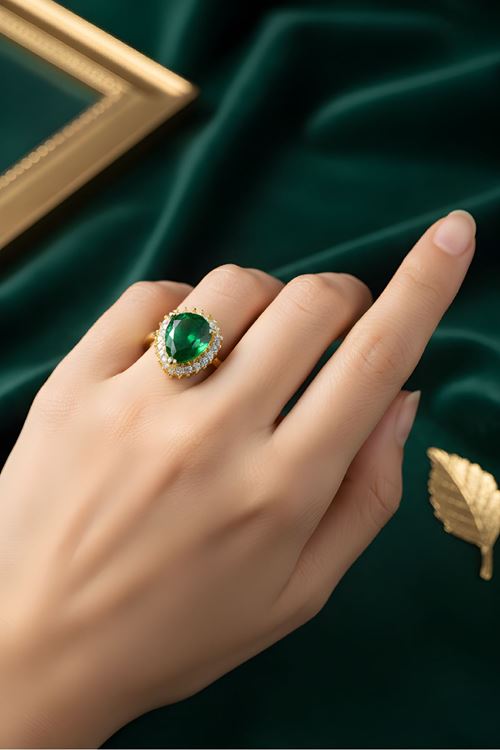 Çelik Gold Yeşil Taşlı Yüzük, Ayarlanabilir