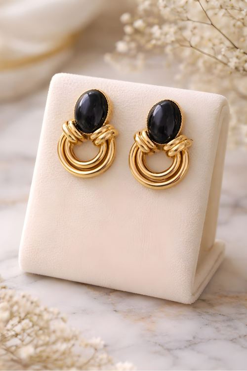 Marka Model, Siyah Taşlı Hafif Gold Küpe