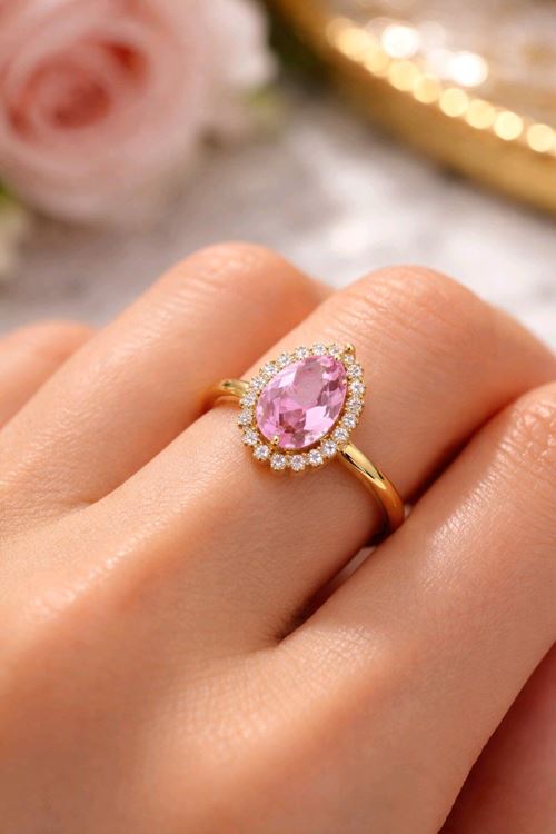 Çelik Gold Zirkon Pembe Taşlı Tektaş Yüzük, Ayarlanabilir