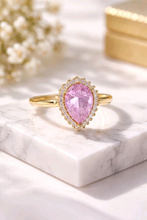 Çelik Gold Zirkon Pembe Taşlı Tektaş Yüzük, Ayarlanabilir
