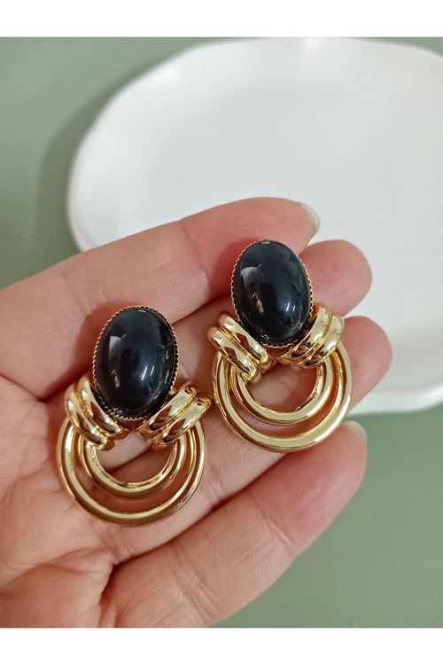 Marka Model, Siyah Taşlı Hafif Gold Küpe