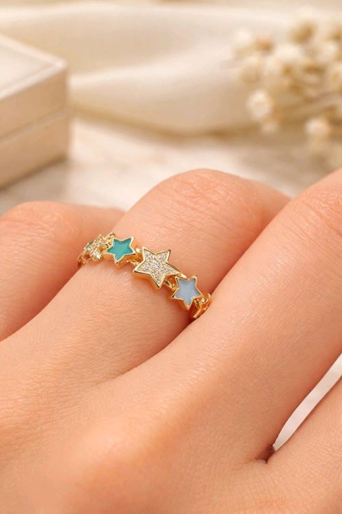 Çelik Gold Yeşil Mavi Yıldız Yüzük, Ayarlanabilir