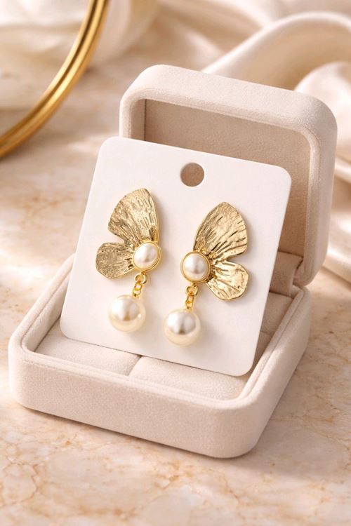 Gold İncili Yaprak Küpe