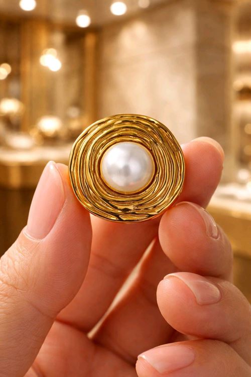 Çelik Gold Yuvarlak İnci Yüzük, Ayarlanabilir