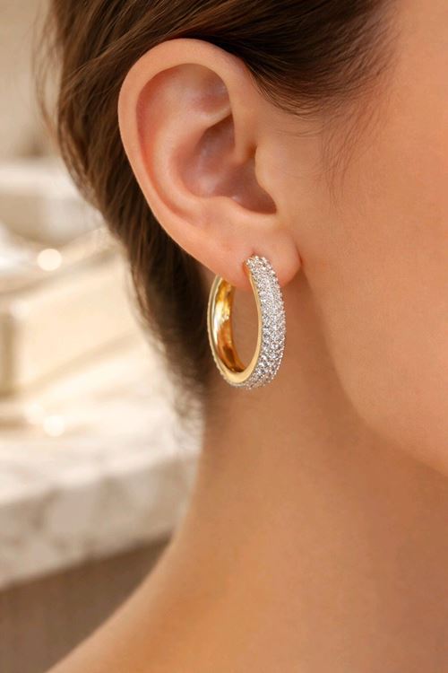 Gold Taşlı 3cm Halka Küpe