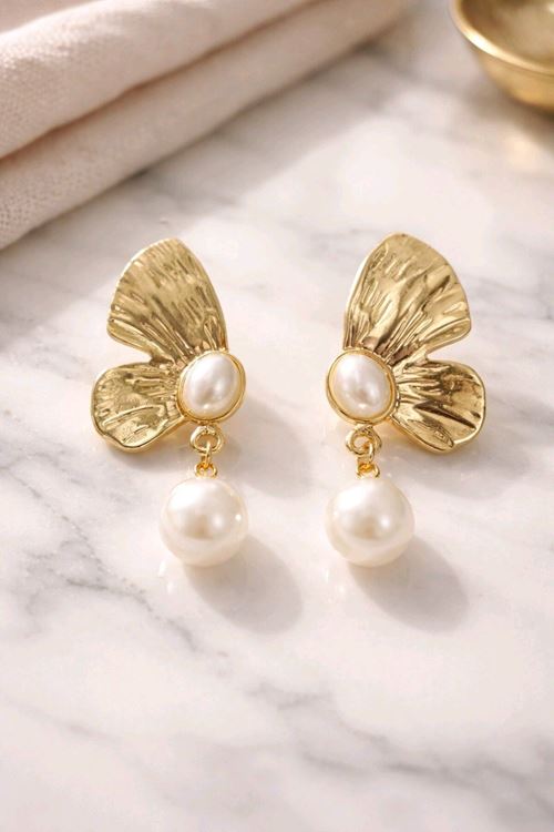 Gold İncili Yaprak Küpe