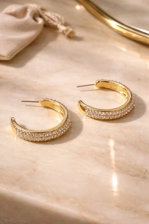 Gold Taşlı 3cm Halka Küpe