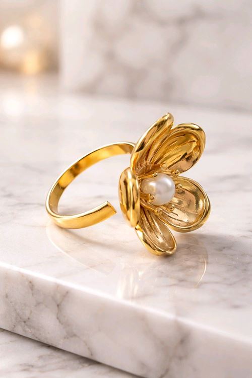 Çelik Gold İnci Çiçek Yüzük, Ayarlanabilir