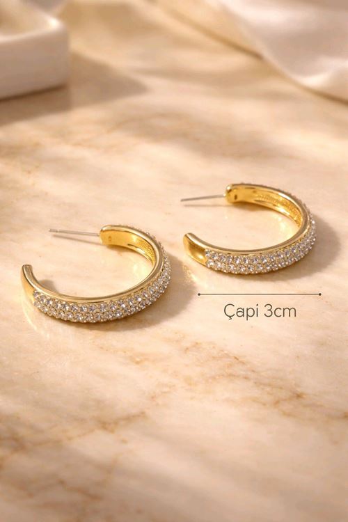 Gold Taşlı 3cm Halka Küpe