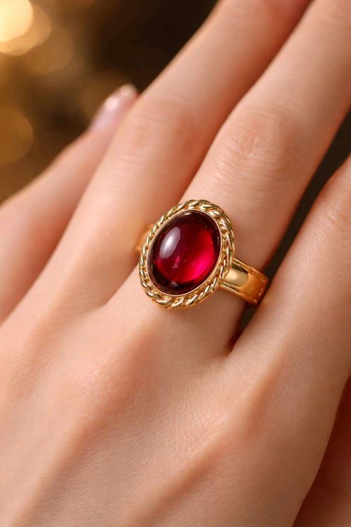 Çelik Gold Kırmızı Taşlı Oval Yüzük, Ayarlanabilir