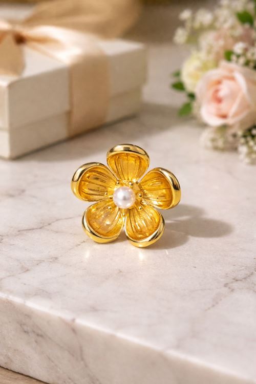 Çelik Gold İnci Çiçek Yüzük, Ayarlanabilir