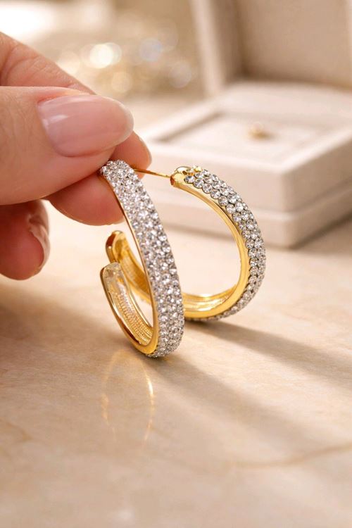 Gold Taşlı 3cm Halka Küpe