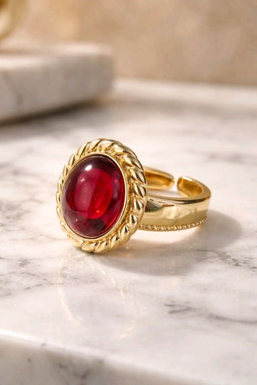Çelik Gold Kırmızı Taşlı Oval Yüzük, Ayarlanabilir