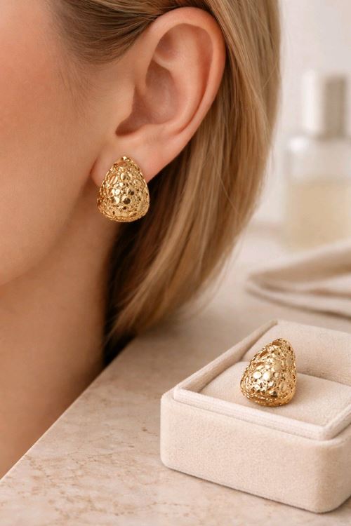 Gold Dalgalı Damla Küpe, Uzunluk 1,5cm