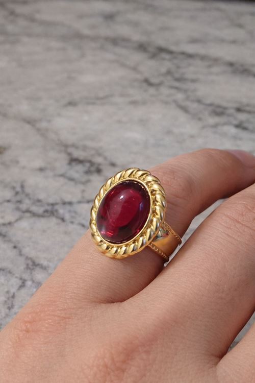 Çelik Gold Kırmızı Taşlı Oval Yüzük, Ayarlanabilir