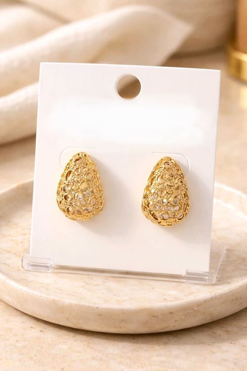 Gold Dalgalı Damla Küpe, Uzunluk 1,5cm