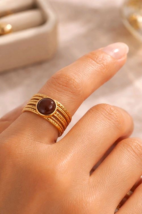 Çelik Gold Kahverengi Doğal Taş Yüzük, Ayarlanabilir