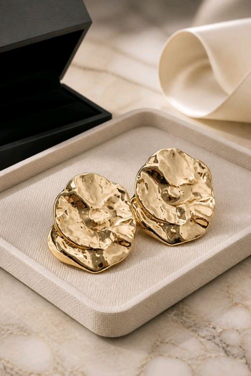 Gold Büyük Dalgalı Yüzey Plaka Küpe
