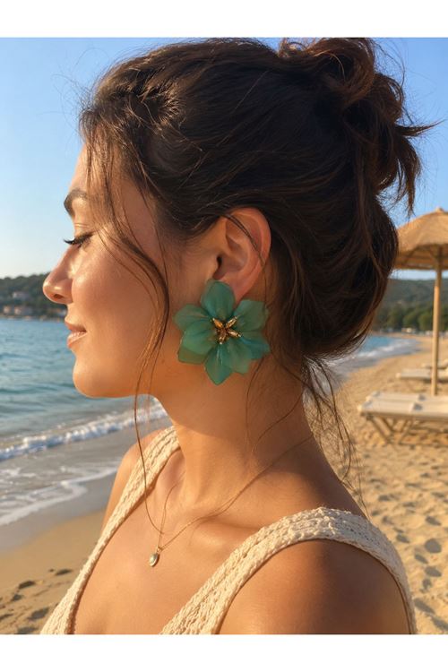 Marka Model, Koyu Yeşil Çiçek Reçine Küpe