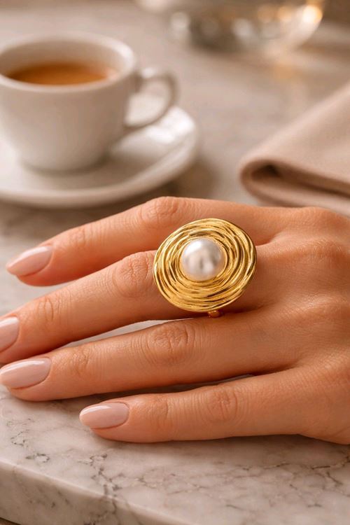 Çelik Gold Yuvarlak İnci Yüzük, Ayarlanabilir