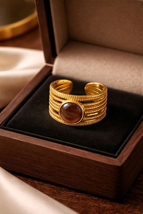 Çelik Gold Kahverengi Doğal Taş Yüzük, Ayarlanabilir