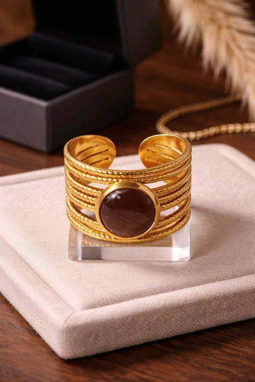 Çelik Gold Kahverengi Doğal Taş Yüzük, Ayarlanabilir