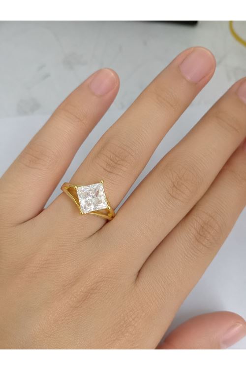 Çelik Gold Kare Tek Taş Yüzük, Ayarlanır
