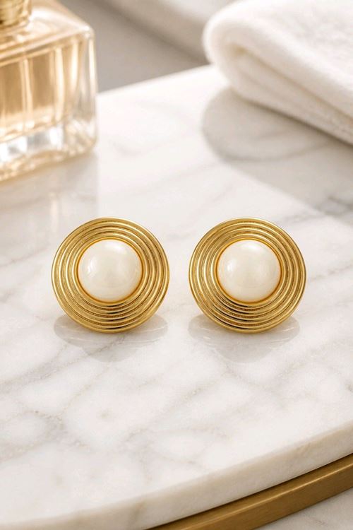 Gold Krem Taşlı Yuvarlak Basic Küpe
