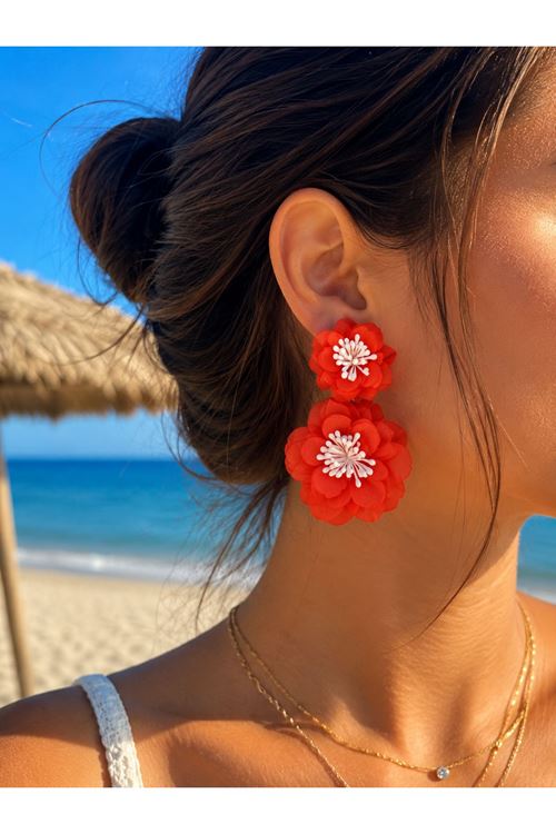 Turuncu Kumaş Sallantılı Küpe, Uzunluk:8cm