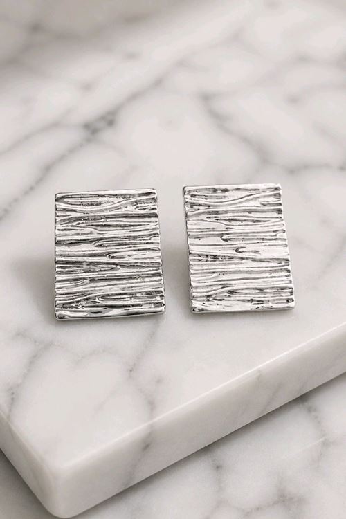 Gümüş Dokulu Yüzey Dörtgen Basic Küpe, Uzunluk:3cm