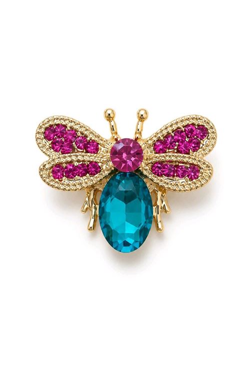 Pembe Mavi Taşlı Kelebek Gold Broş, Yaka Broşu, Çanta Broşu