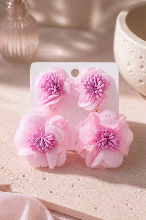 Pembe Kumaş Sallantılı Küpe, Uzunluk:8cm