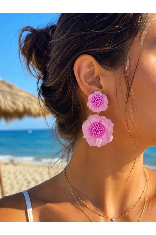 Pembe Kumaş Sallantılı Küpe, Uzunluk:8cm