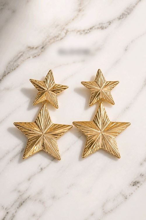 Gold Çift Yıldız Sallantılı Küpe