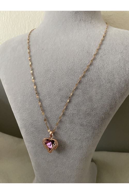 Kalp Vintage Model Parlak Camlı Zirkon Taşlı Gold Antialerjik Paslanmaz Çelik Kolye