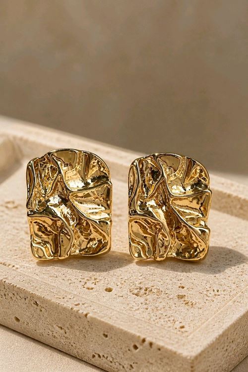Gold Dalgalı Yüzey Plaka Küpe, Uzunluk:3cm