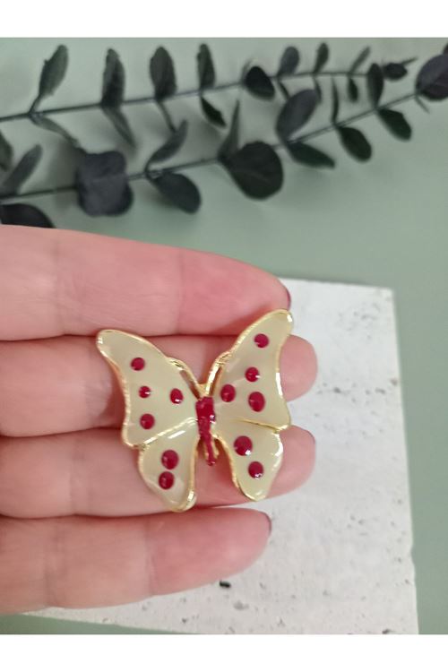 Bej Rengi Kelebek Bordo Puantiyeli Broş