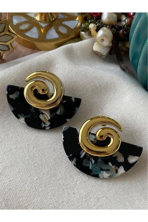 Gold Sarmal Siyah Yelpaze Küpe, Hafif
