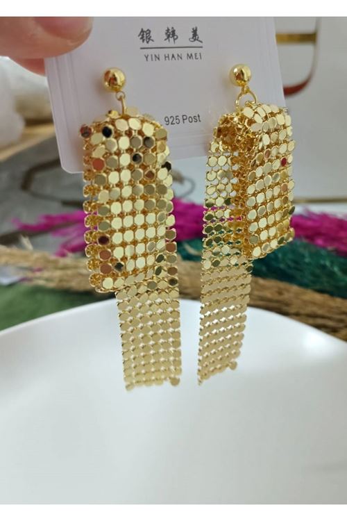 Gold Uzun Sallantılı Işıltılı Şık Abiye Günlük Kadın Küpe