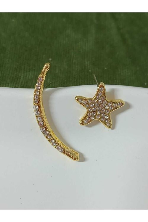 Kristal Taşlı Gold Ay Yıldız Düğme Küpe