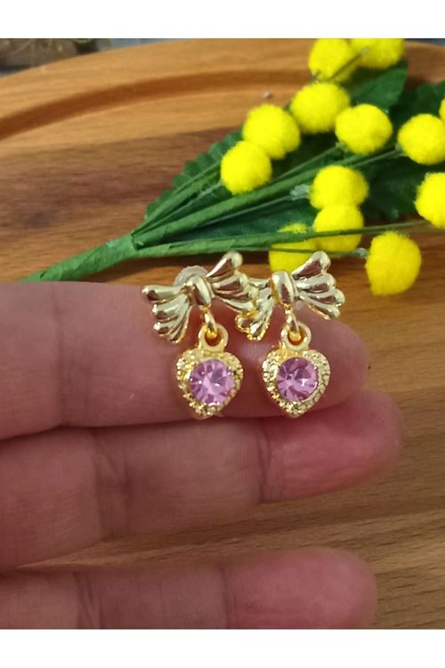 Pembe Taşlı Sallantılı Minimal Kurdele Kadın Küpe
