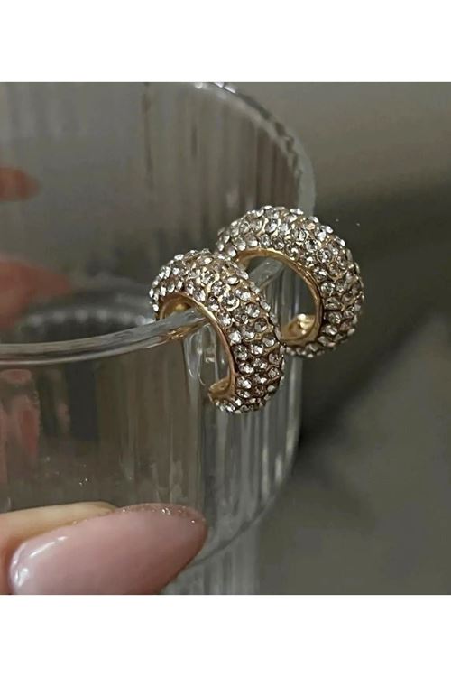 Kristal Taşlı Gold Halka Küpe