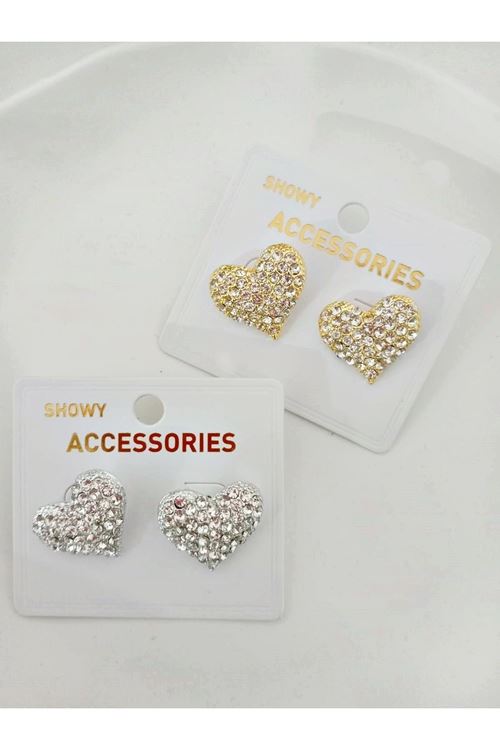 Zirkon Kristal Taşlı Kalp Gold Renk Küpe