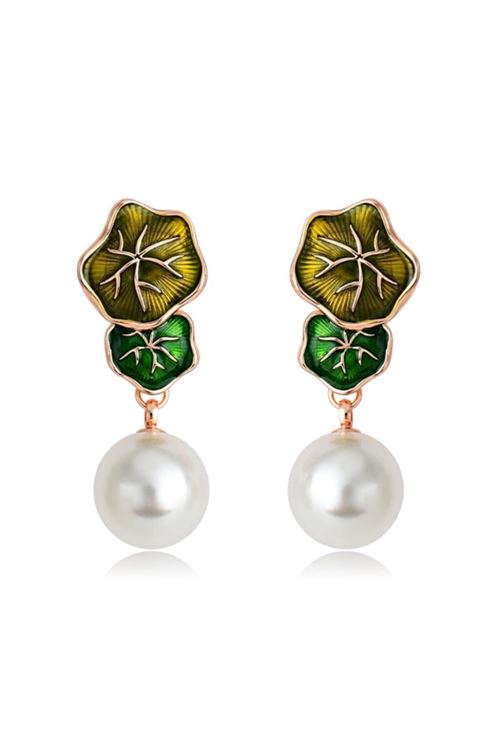 Zirkon Taşlı Rose Gold Kaplama Beyaz Inci Yeşil Sallantılı Küpe