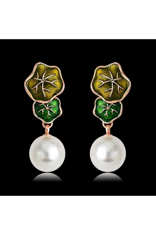 Zirkon Taşlı Rose Gold Kaplama Beyaz Inci Yeşil Sallantılı Küpe