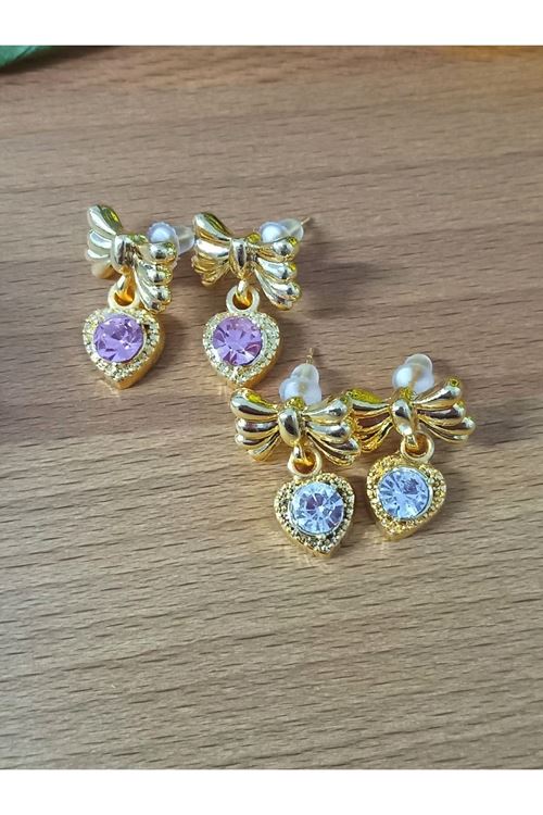 Beyaz Taşlı Sallantılı Minimal Kurdele Kadın Küpe